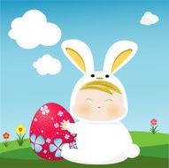Easter Rabbit egg and cute baby in the field