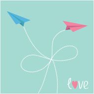 Origami paper plane in the sky with dash line bow