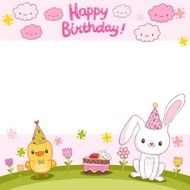Happy Birthday card with a bunny and bird
