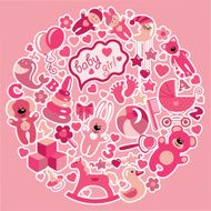 Toys icons for baby girl in circle Pink colors