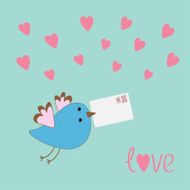 Flying bird with letter and hearts love card