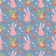 Cute rabbits and wild strawberries folk seamless pattern N2