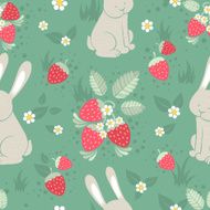 Cute rabbits and wild strawberries forest seamless pattern