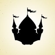 Silhouette of cartoon fortified castle with flags Icon