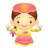 Girl mascot the direction of pointing with both hands