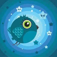 Cute cartoon bird character on the rainbow background