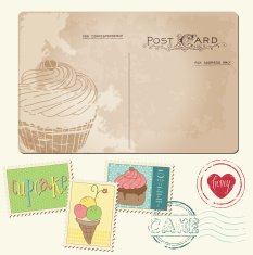Set of cupcakes on old postcard N3