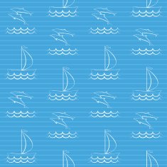 Blue seamless pattern with sailboat and dolphins
