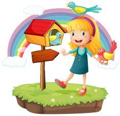 girl beside a wooden mailbox with three birds