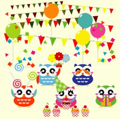 Owl birthday party design elements N2