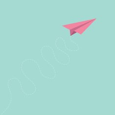 Pink origami paper plane curly dash line track sky Flat
