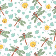 Stylish fun seamless pattern with dragonfly sun clouds Doodles