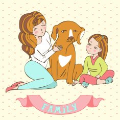 Gentle card with mother daughter and dog in vector