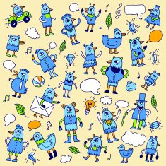 Doodle blue birds Vector illustration
