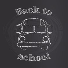 School bus with back to school sign on chalk board