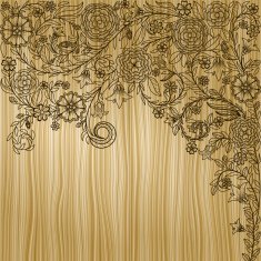 Vintage background with doodle flowers on wooden texture