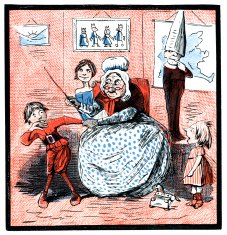 Elderly schoolma'am punishing a boy (Victorian cartoon)