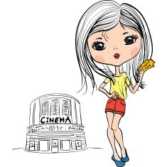 Vector fashion cute girl with cinema ticket