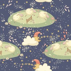 Seamless bedtime pattern with a cute sheep and sleepy moon