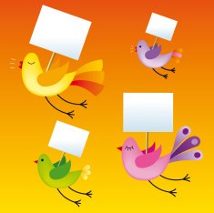 Birds flying with blank signs
