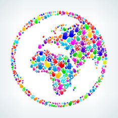 World Map Globe and Hemispheres on Hands Pattern White Background N3