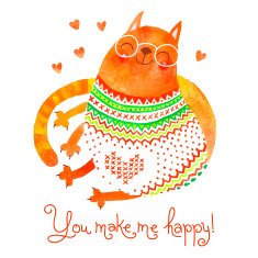 Watercolor hand drawn card with a cute cat