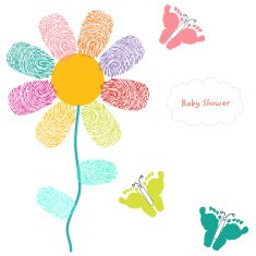 Colorful finger prints flower and foot butterfly card