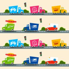 Urban cargo trucks vector seamless pattern in simple kids style