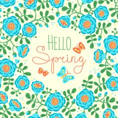 Season card Hello Spring with cute flowers and butterflies