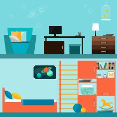 Bright orange and blue colored children room interior for design
