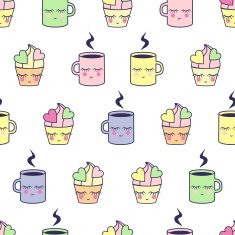 Pattern with cute mugs and cupcakes
