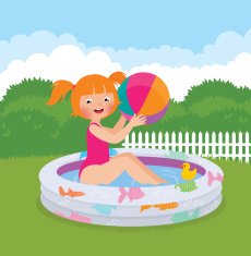 Little girl splashing in an inflatable pool his backyard