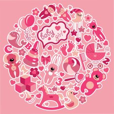 Toys icons for baby girl in circle Pink colors