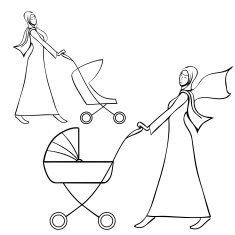 Two arab young women in traditional muslim dress pushing pram