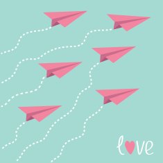 Six flying paper planes in the sky Love card
