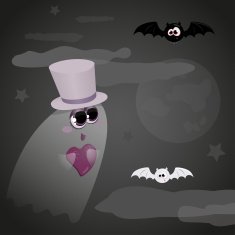Cute little ghost with a pink heart in hands