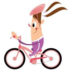 Cartoon girl with ponytail and helmet riding pink bike smiling