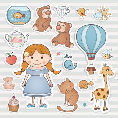 Little girl and cute animals Vector collection