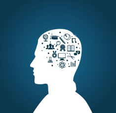 Man's head with education icons