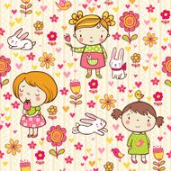 Seamless pattern with girl flowers and bunnies