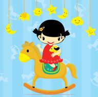 cute baby girl riding a horse with her pet dog