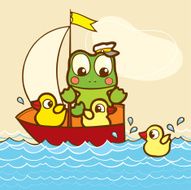 frog and rubber ducks in a boat