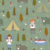 Seamless pattern with scout boys in the forest N2