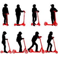 Set of silhouettes children riding on scooters N2