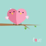 Two pink birds in shape of heart Love cart Flat