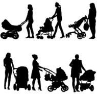 Silhouettes walkings mothers with baby strollers N3