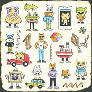 Retro colorful doodle characters set on paper texture 3