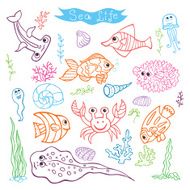 Funny Sea Life and Fish Colored outline Doodle set