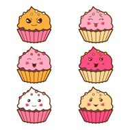 Set of kawaii cupcakess with different facial expressions