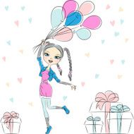 Vector hipster fashion girl with multi-colored balloons